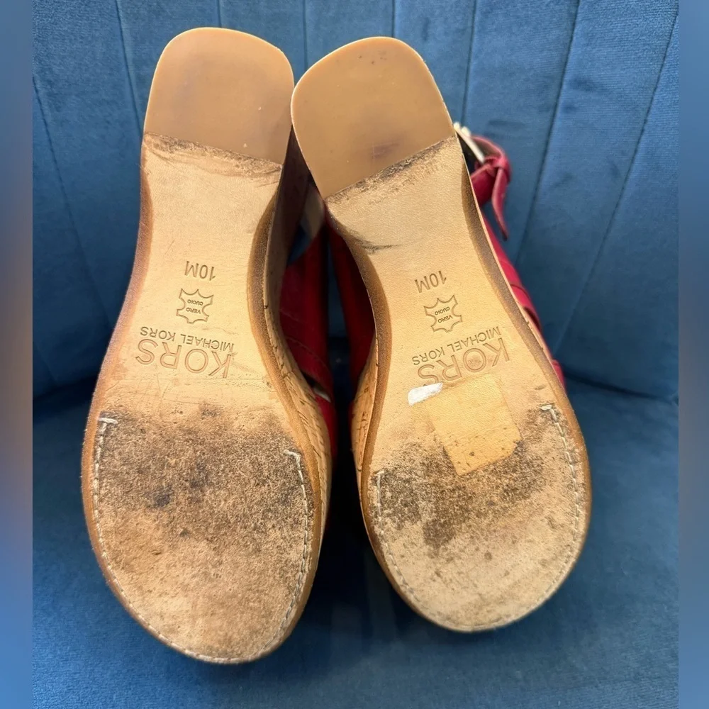Michael Kors Red Leather Cork Wedge Sandals Size 10